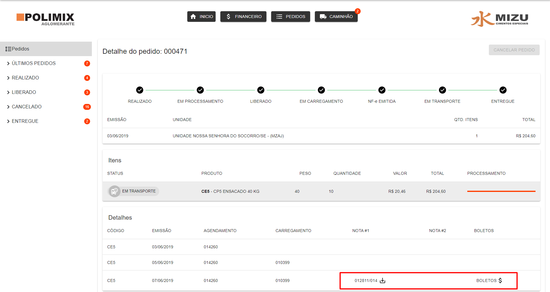 Informações dos Pedidos